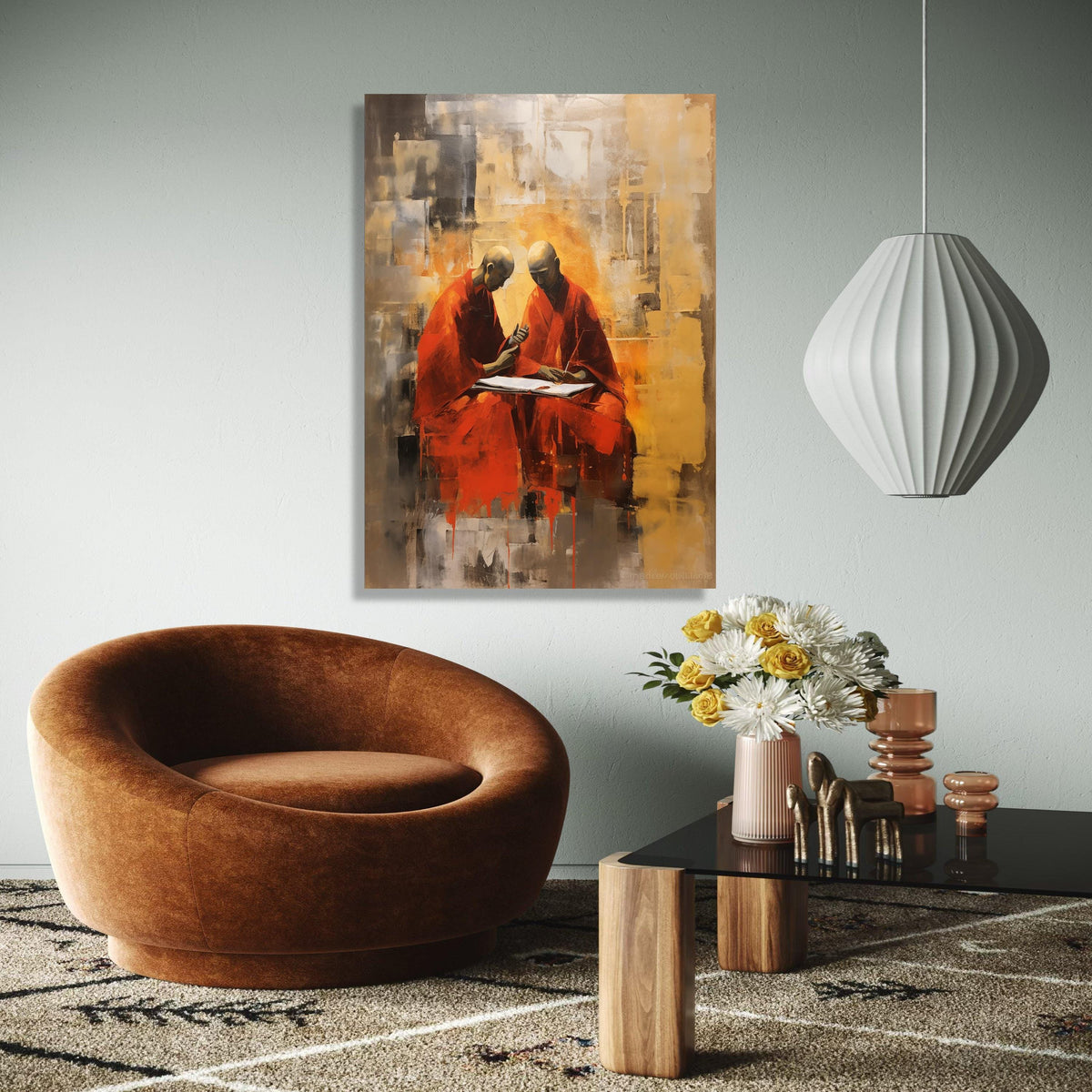 Meditative Monks Painting, Abstract Spiritual Canvas Art, Red Robe Monks Artwork, Contemplative Home Decor, Gift Art, Home Decor, Print