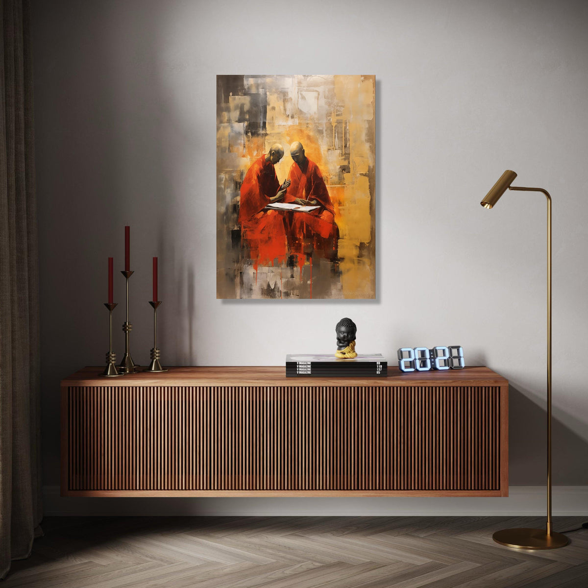 Meditative Monks Painting, Abstract Spiritual Canvas Art, Red Robe Monks Artwork, Contemplative Home Decor, Gift Art, Home Decor, Print