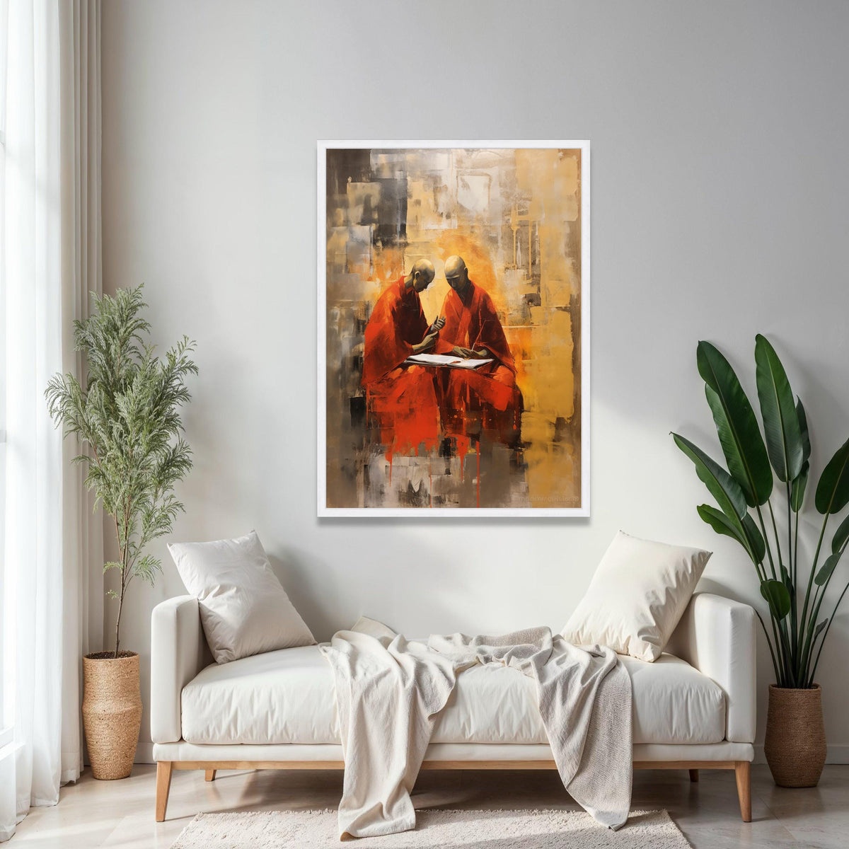 Meditative Monks Painting, Abstract Spiritual Canvas Art, Red Robe Monks Artwork, Contemplative Home Decor, Gift Art, Home Decor, Print