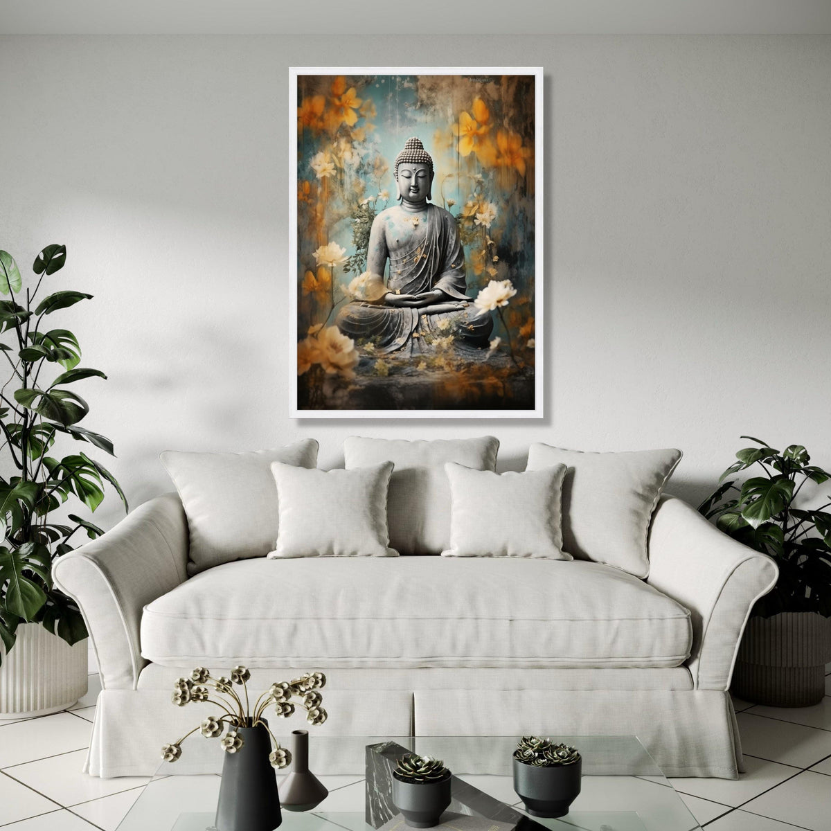 Serene Buddha Statue Canvas, Meditation Wall Art, Zen Floral Decor, Spiritual Home Decoration, Tranquil Buddha Gift Art, Home Decor, Print