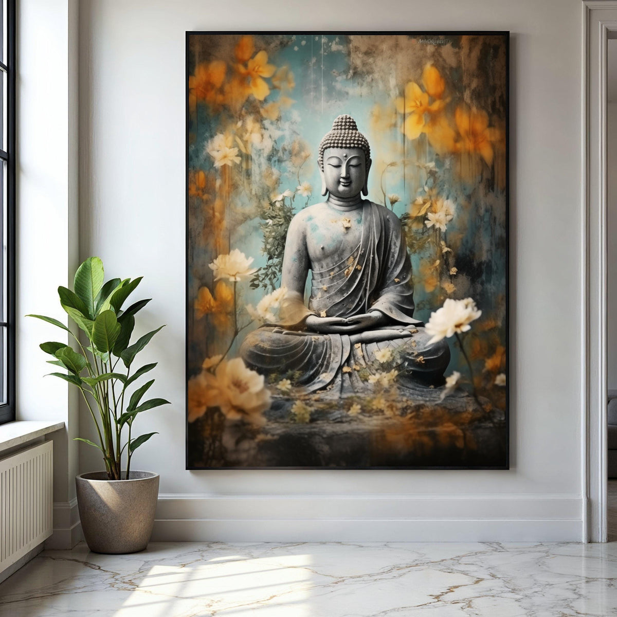 Serene Buddha Statue Canvas, Meditation Wall Art, Zen Floral Decor, Spiritual Home Decoration, Tranquil Buddha Gift Art, Home Decor, Print