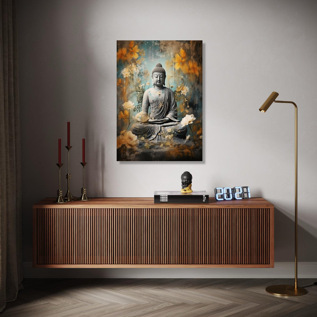 Serene Buddha Statue Canvas, Meditation Wall Art, Zen Floral Decor, Spiritual Home Decoration, Tranquil Buddha Gift Art, Home Decor, Print