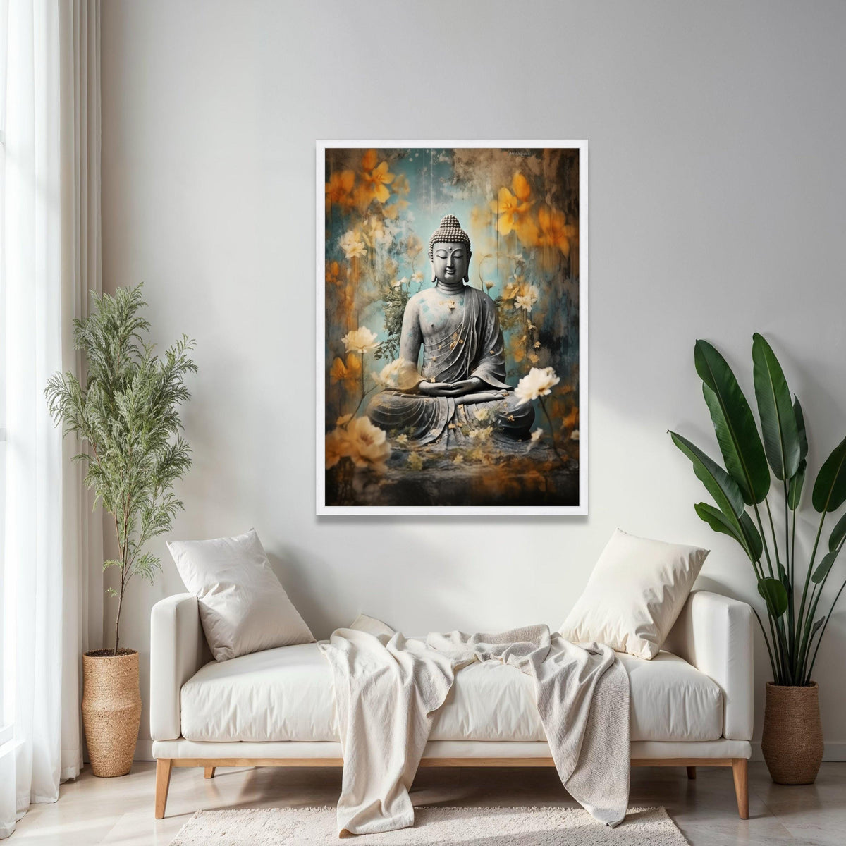 Serene Buddha Statue Canvas, Meditation Wall Art, Zen Floral Decor, Spiritual Home Decoration, Tranquil Buddha Gift Art, Home Decor, Print