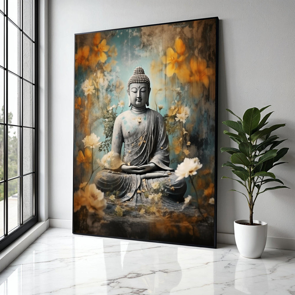 Serene Buddha Statue Canvas, Meditation Wall Art, Zen Floral Decor, Spiritual Home Decoration, Tranquil Buddha Gift Art, Home Decor, Print