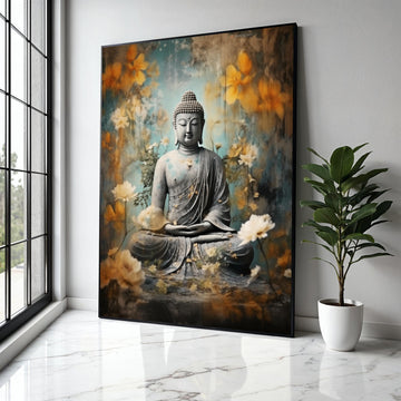 Serene Buddha Statue Canvas, Meditation Wall Art, Zen Floral Decor, Spiritual Home Decoration, Tranquil Buddha Gift Art, Home Decor, Print