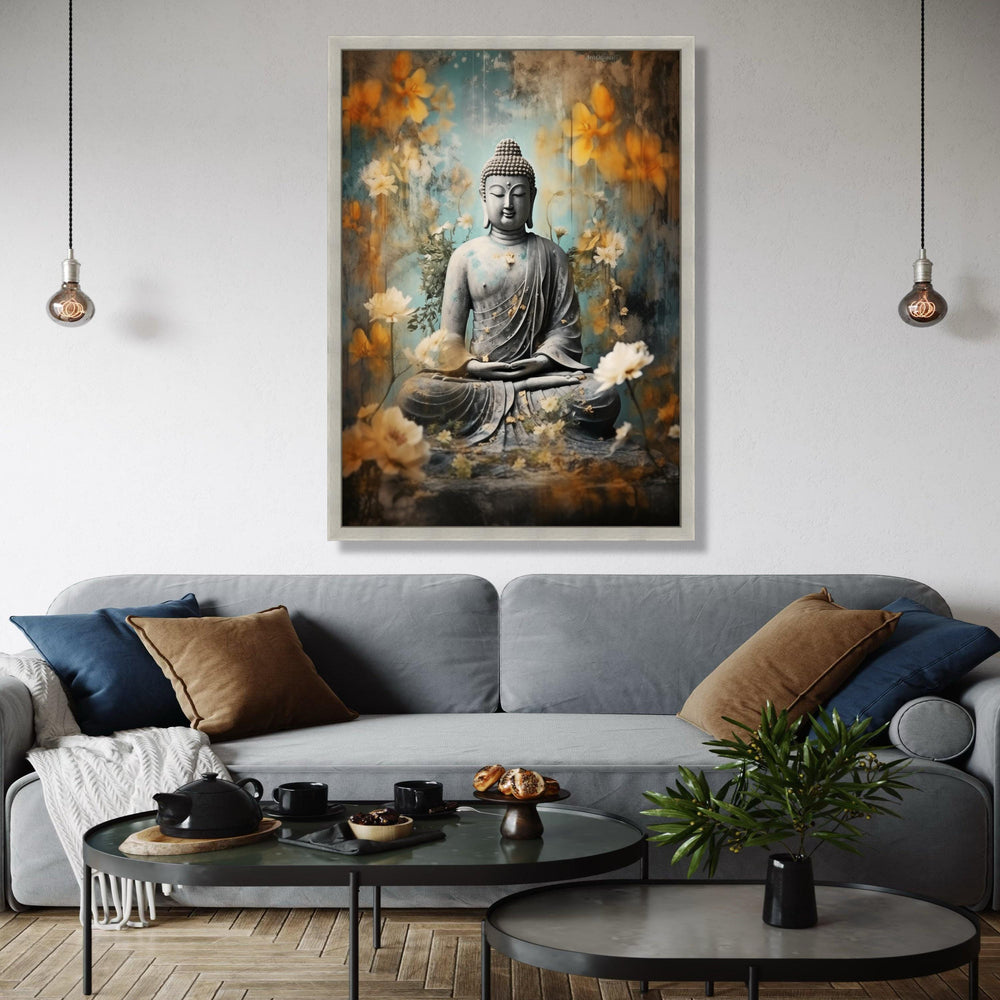 Serene Buddha Statue Canvas, Meditation Wall Art, Zen Floral Decor, Spiritual Home Decoration, Tranquil Buddha Gift Art, Home Decor, Print