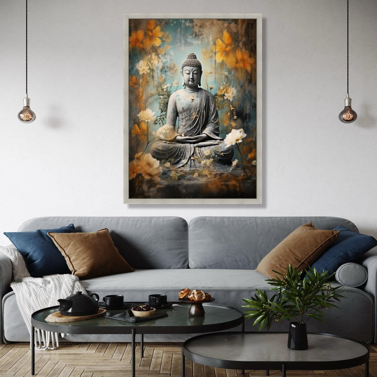 Serene Buddha Statue Canvas, Meditation Wall Art, Zen Floral Decor, Spiritual Home Decoration, Tranquil Buddha Gift Art, Home Decor, Print
