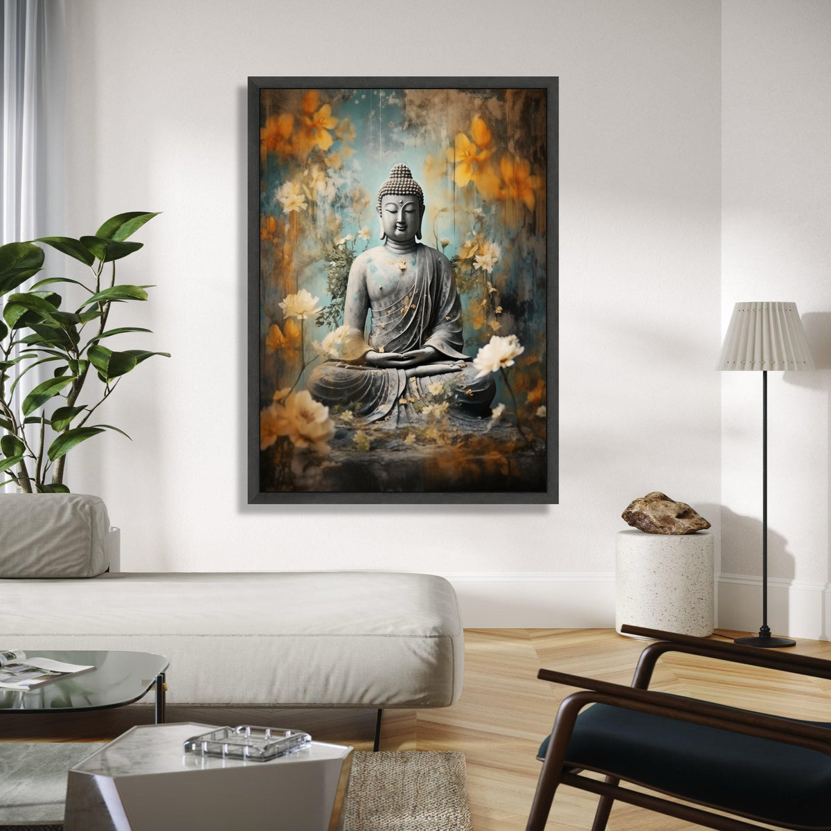 Serene Buddha Statue Canvas, Meditation Wall Art, Zen Floral Decor, Spiritual Home Decoration, Tranquil Buddha Gift Art, Home Decor, Print
