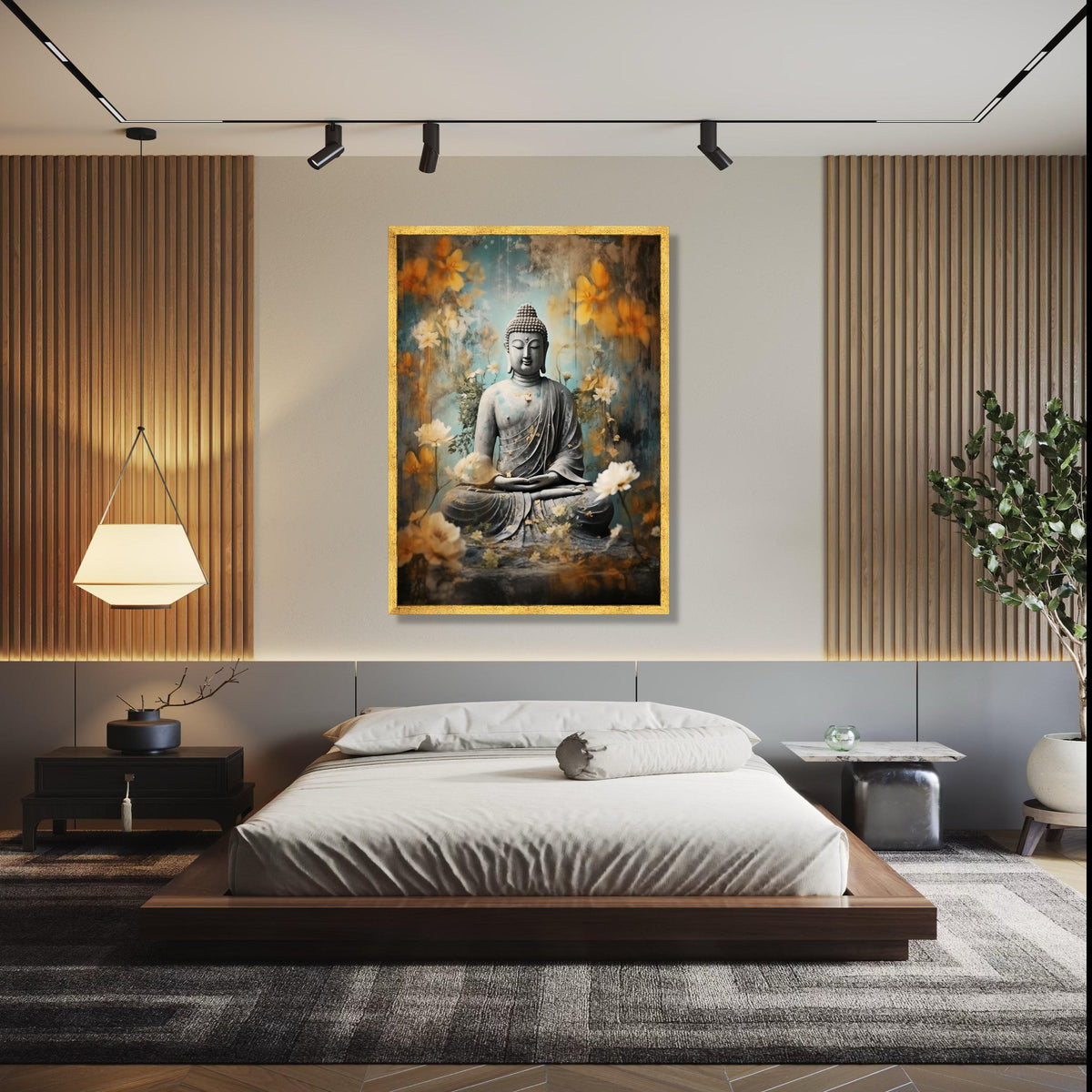 Serene Buddha Statue Canvas, Meditation Wall Art, Zen Floral Decor, Spiritual Home Decoration, Tranquil Buddha Gift Art, Home Decor, Print
