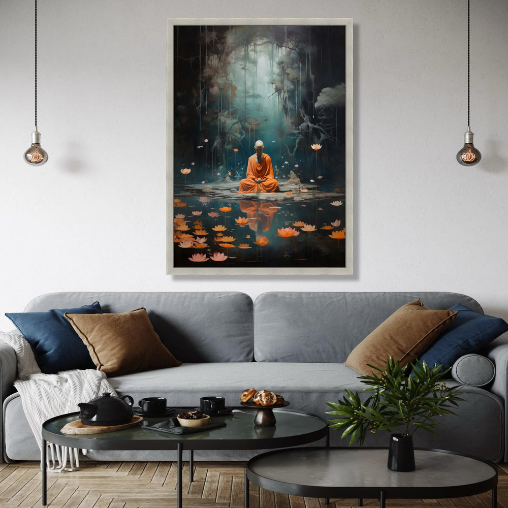 Meditating Monk in Mystic Forest, Lotus Pond Canvas Wall Art, Spiritual Yoga Decor, Zen Tranquility Painting, Gift Art, Home Decor, Print