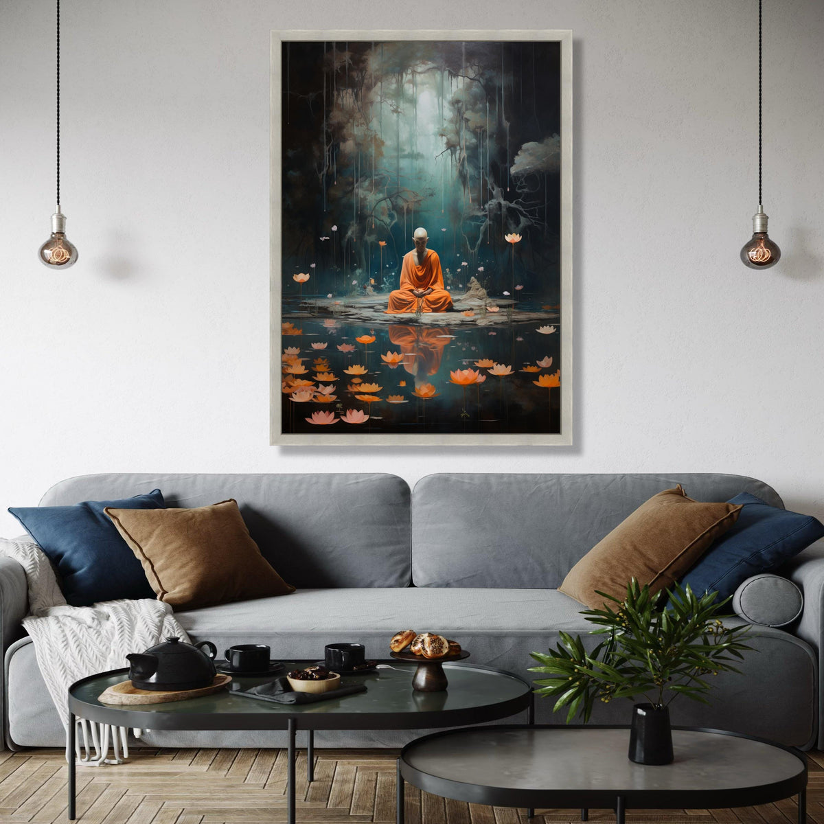 Meditating Monk in Mystic Forest, Lotus Pond Canvas Wall Art, Spiritual Yoga Decor, Zen Tranquility Painting, Gift Art, Home Decor, Print