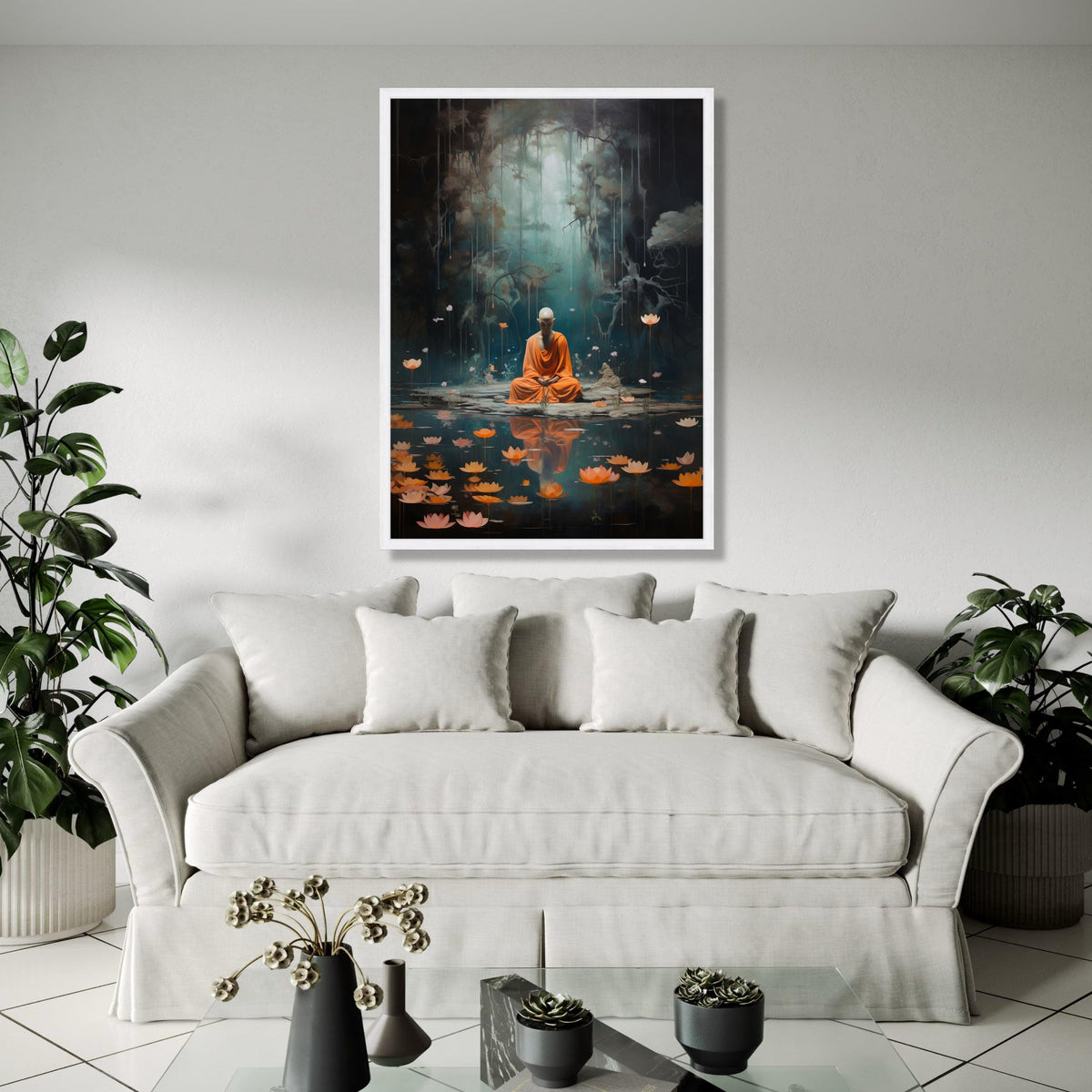 Meditating Monk in Mystic Forest, Lotus Pond Canvas Wall Art, Spiritual Yoga Decor, Zen Tranquility Painting, Gift Art, Home Decor, Print