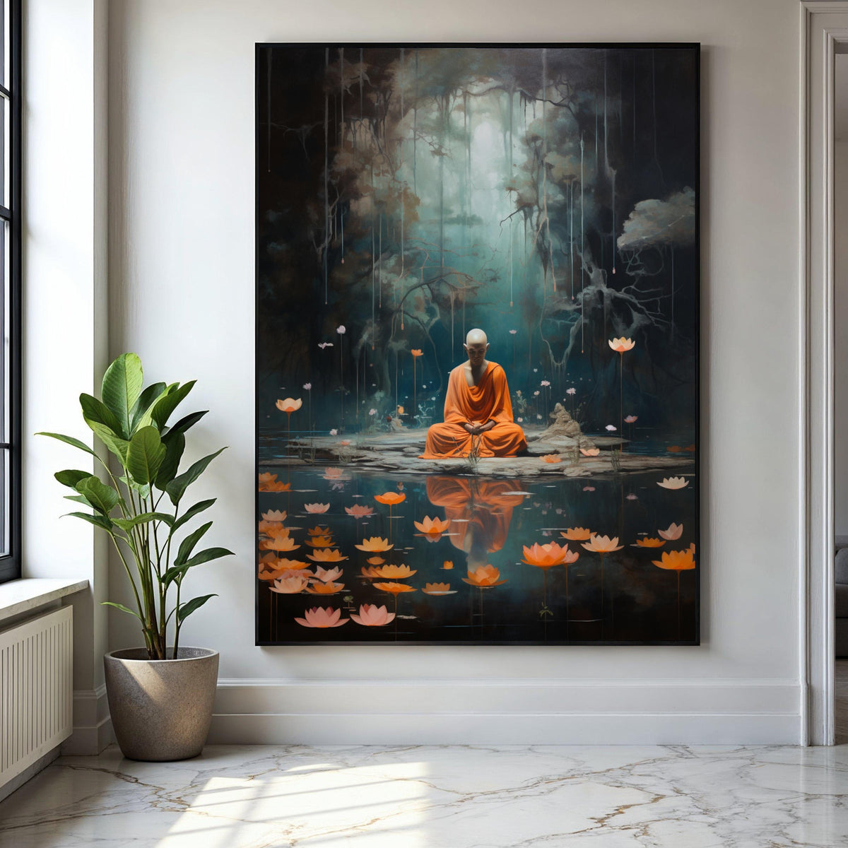 Meditating Monk in Mystic Forest, Lotus Pond Canvas Wall Art, Spiritual Yoga Decor, Zen Tranquility Painting, Gift Art, Home Decor, Print