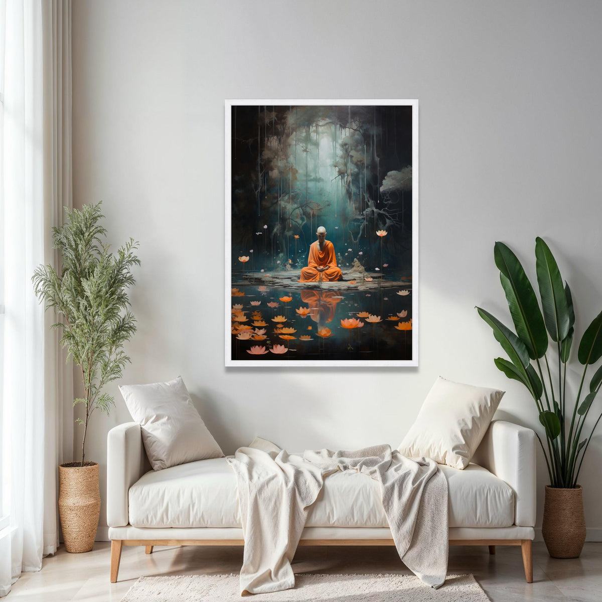 Meditating Monk in Mystic Forest, Lotus Pond Canvas Wall Art, Spiritual Yoga Decor, Zen Tranquility Painting, Gift Art, Home Decor, Print