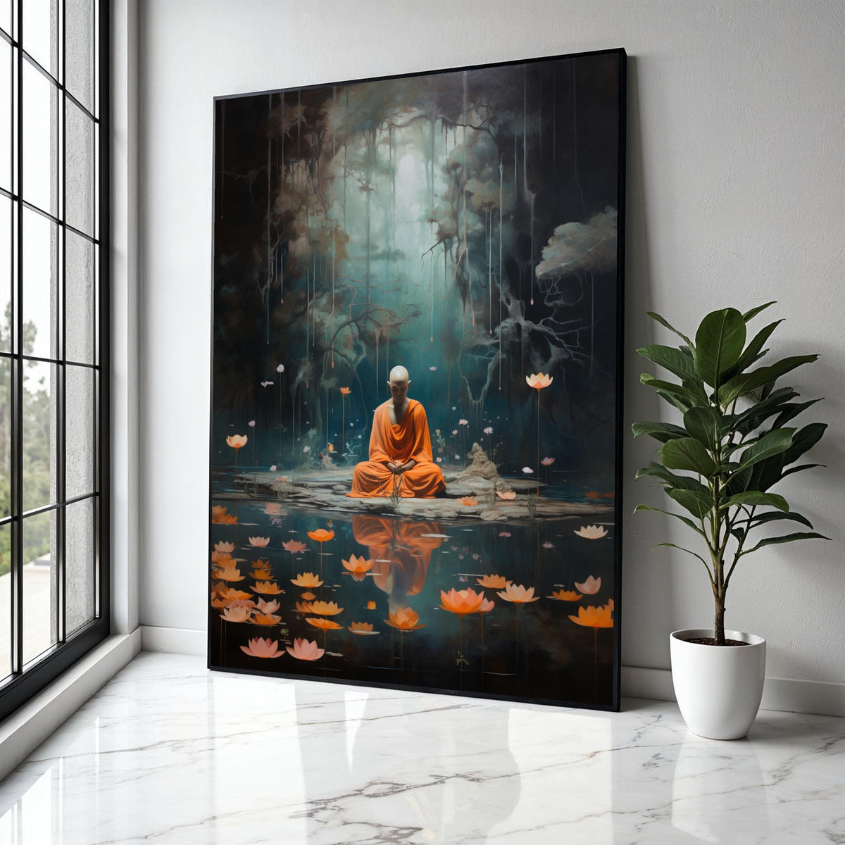 Meditating Monk in Mystic Forest, Lotus Pond Canvas Wall Art, Spiritual Yoga Decor, Zen Tranquility Painting, Gift Art, Home Decor, Print