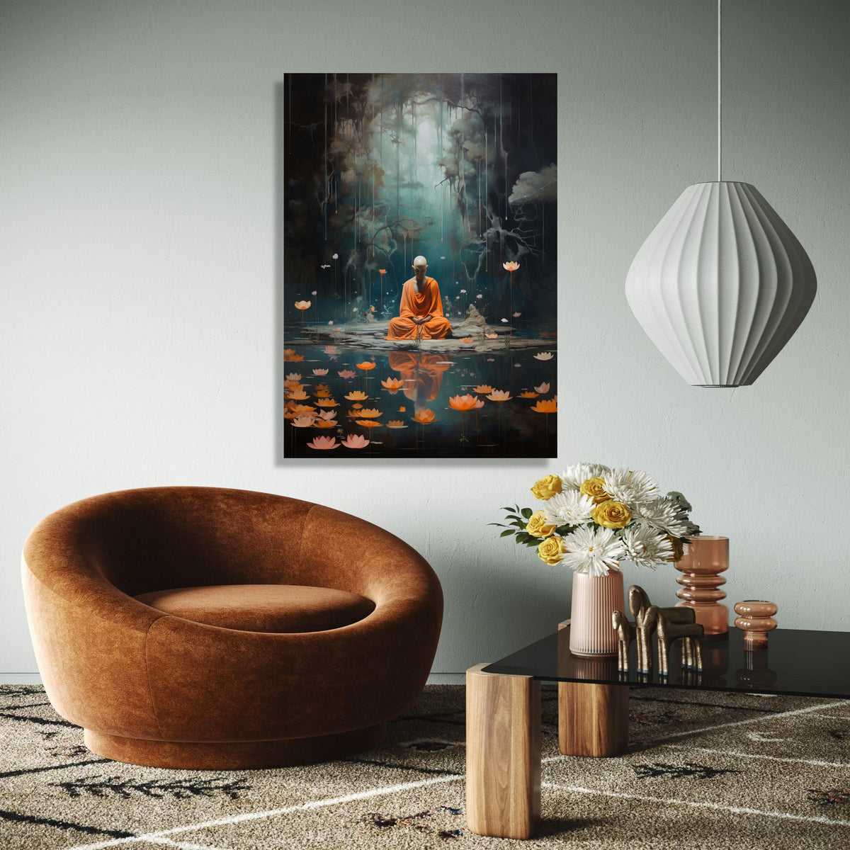 Meditating Monk in Mystic Forest, Lotus Pond Canvas Wall Art, Spiritual Yoga Decor, Zen Tranquility Painting, Gift Art, Home Decor, Print