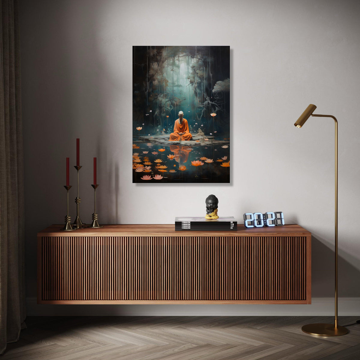 Meditating Monk in Mystic Forest, Lotus Pond Canvas Wall Art, Spiritual Yoga Decor, Zen Tranquility Painting, Gift Art, Home Decor, Print