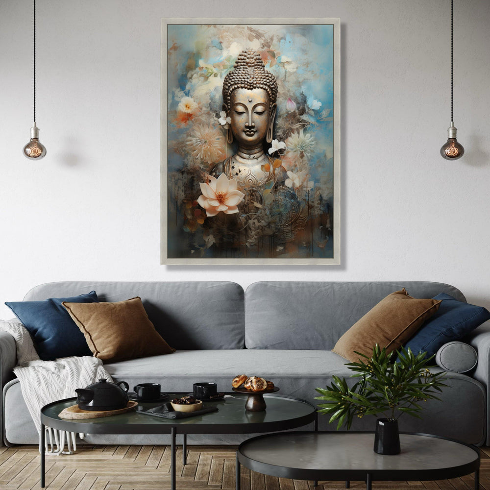Serene Buddha Statue Canvas, Floral Meditation Art, Spiritual Wall Decor, Calm Zen Canvas, Lotus Flower Design, Gift Art, Home Decor, Print