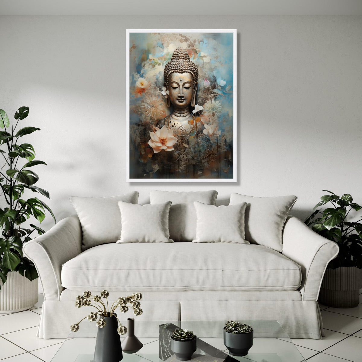 Serene Buddha Statue Canvas, Floral Meditation Art, Spiritual Wall Decor, Calm Zen Canvas, Lotus Flower Design, Gift Art, Home Decor, Print