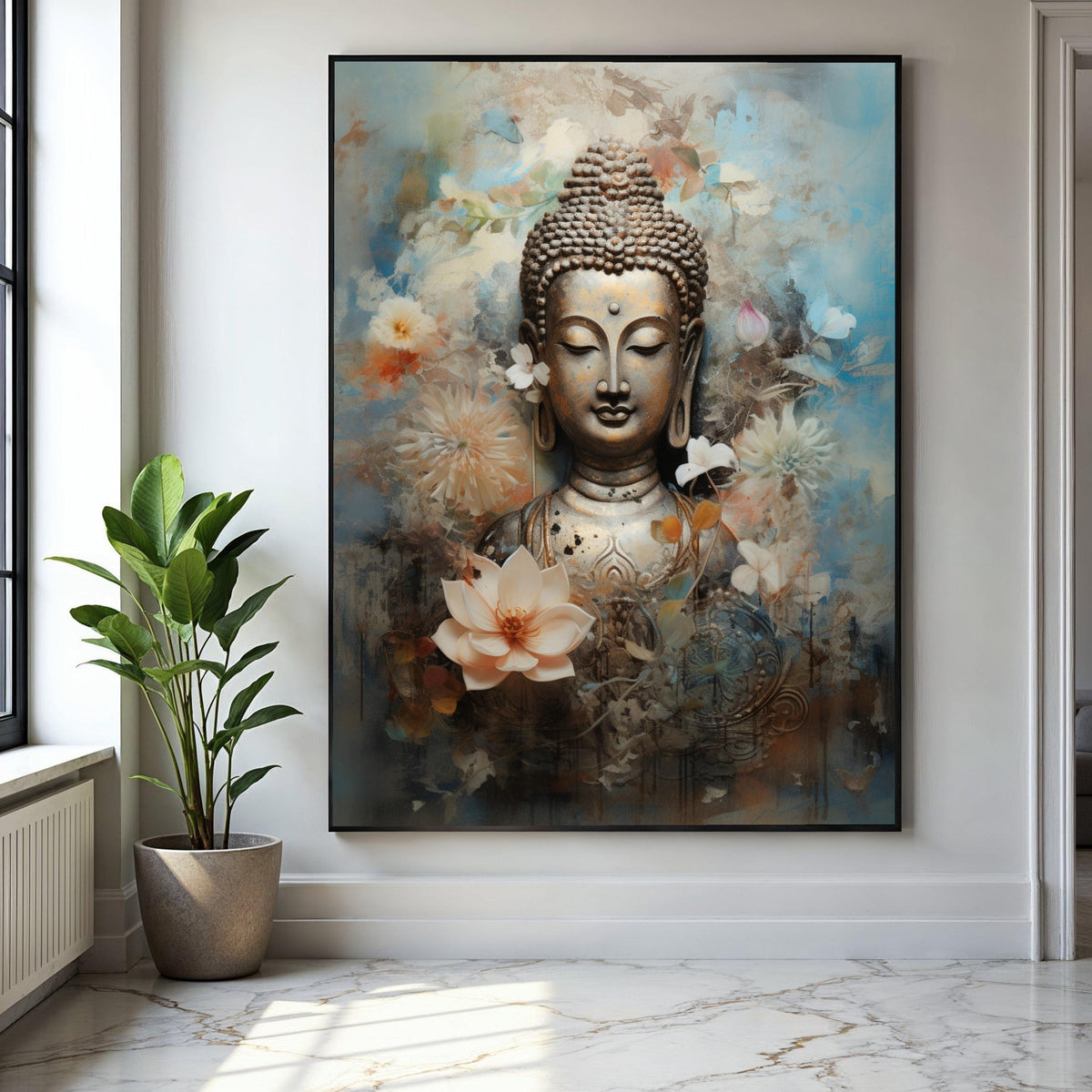 Serene Buddha Statue Canvas, Floral Meditation Art, Spiritual Wall Decor, Calm Zen Canvas, Lotus Flower Design, Gift Art, Home Decor, Print