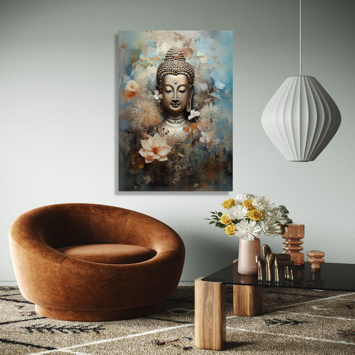 Serene Buddha Statue Canvas, Floral Meditation Art, Spiritual Wall Decor, Calm Zen Canvas, Lotus Flower Design, Gift Art, Home Decor, Print