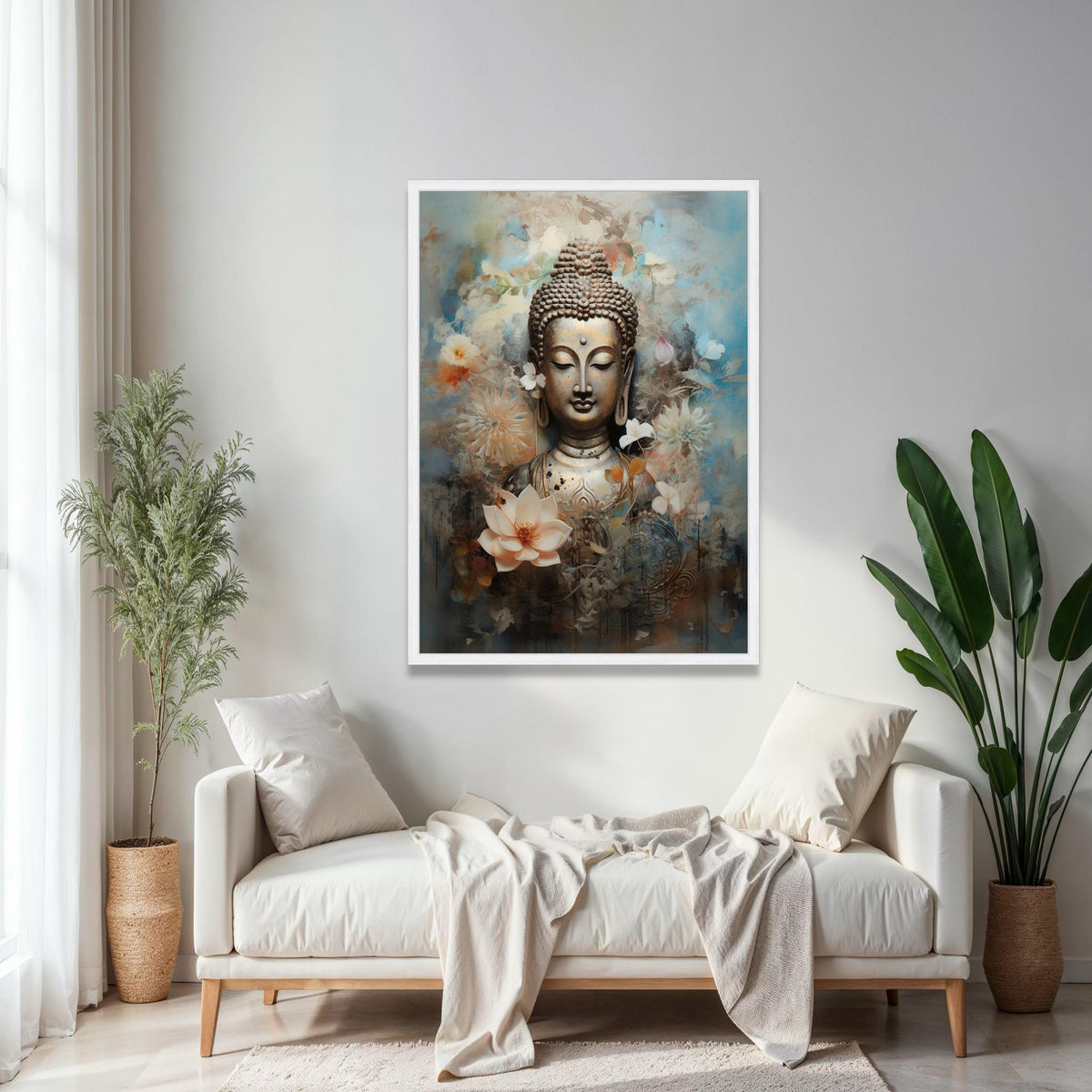 Serene Buddha Statue Canvas, Floral Meditation Art, Spiritual Wall Decor, Calm Zen Canvas, Lotus Flower Design, Gift Art, Home Decor, Print