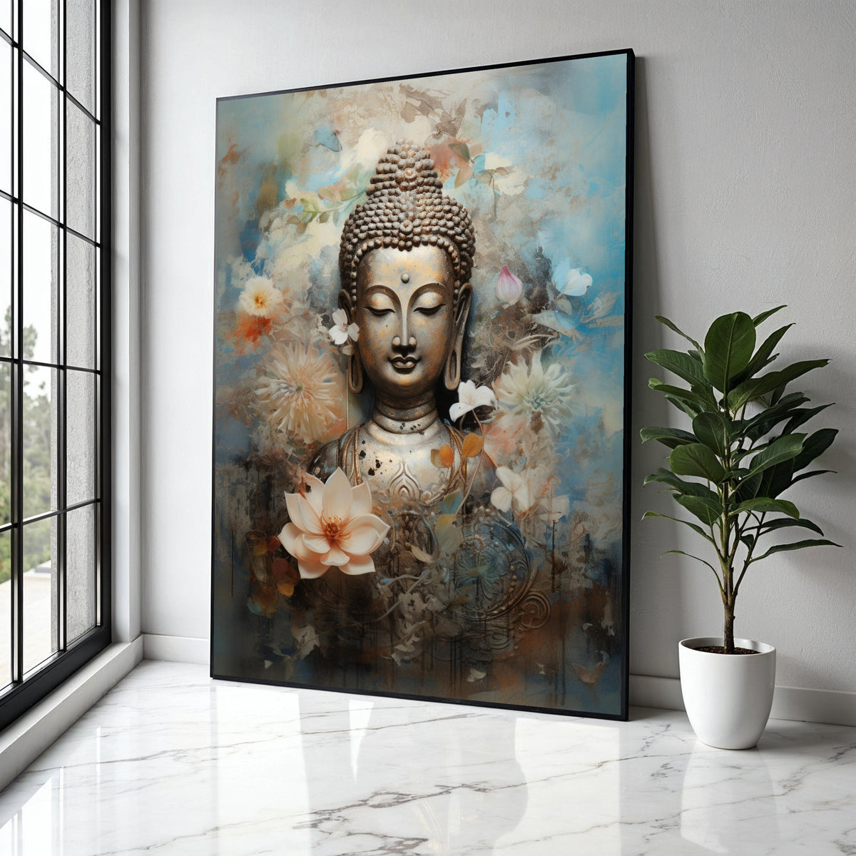 Serene Buddha Statue Canvas, Floral Meditation Art, Spiritual Wall Decor, Calm Zen Canvas, Lotus Flower Design, Gift Art, Home Decor, Print