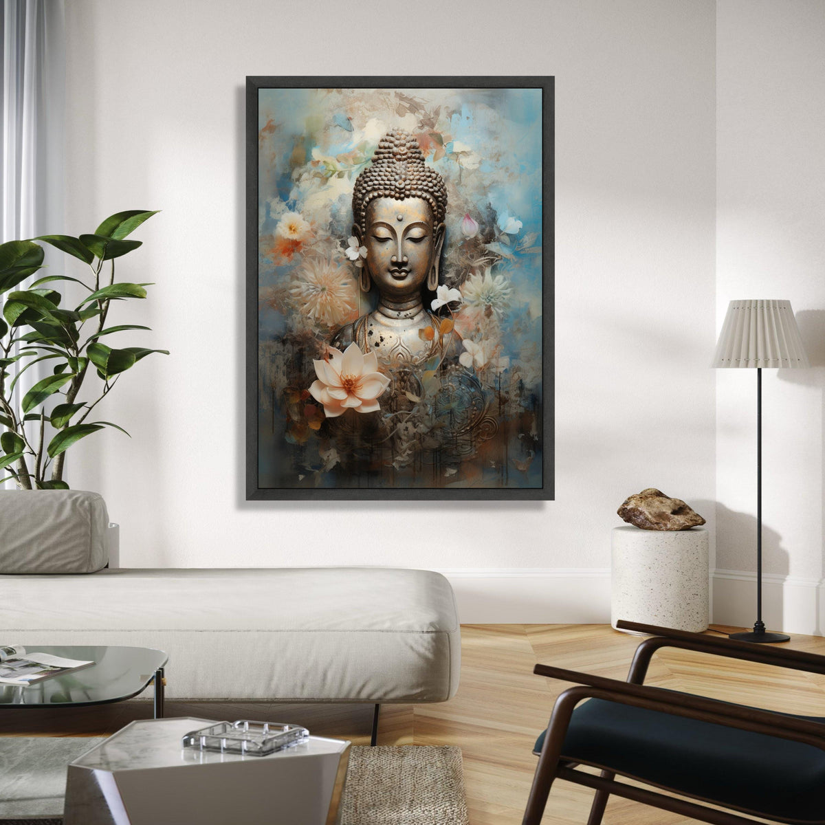Serene Buddha Statue Canvas, Floral Meditation Art, Spiritual Wall Decor, Calm Zen Canvas, Lotus Flower Design, Gift Art, Home Decor, Print