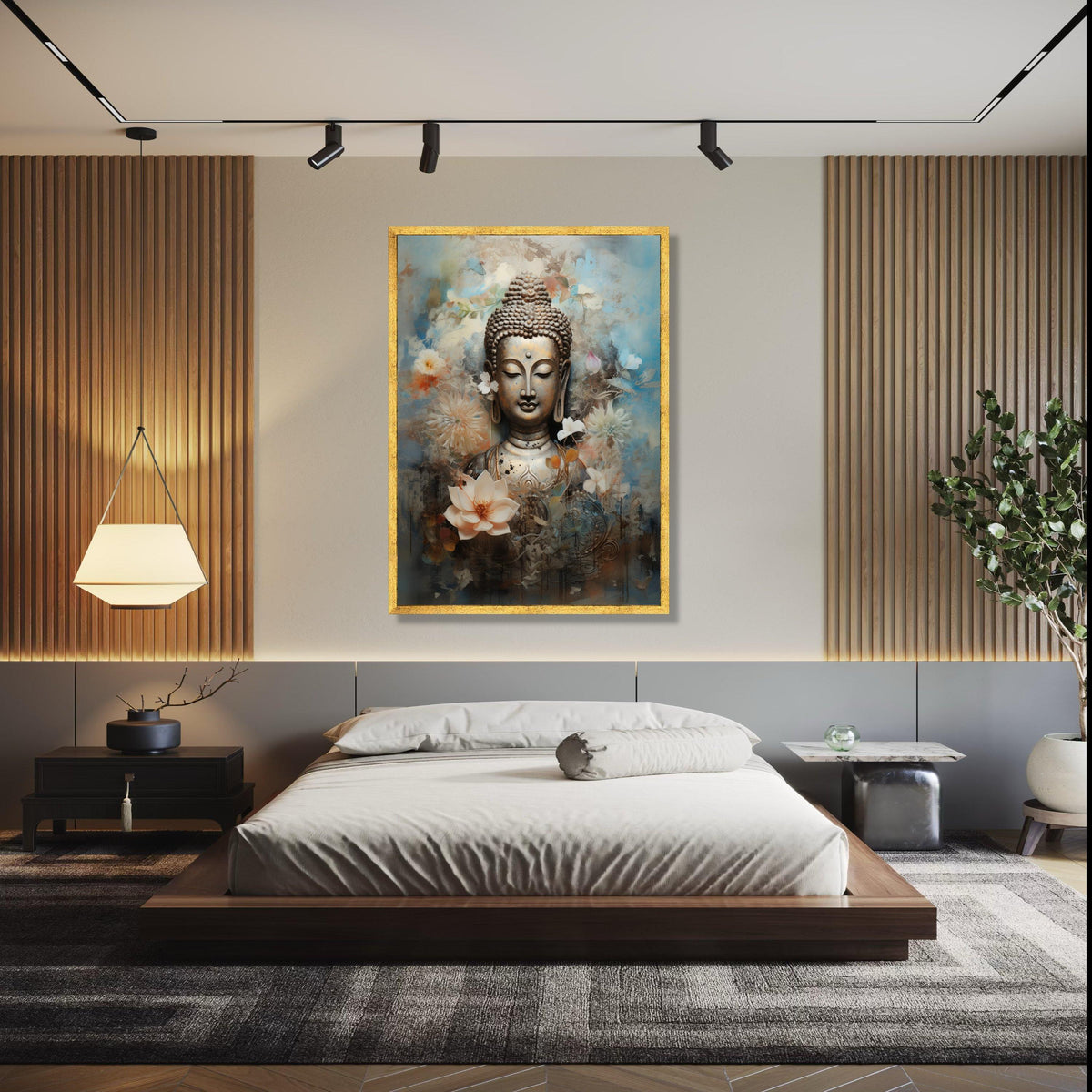 Serene Buddha Statue Canvas, Floral Meditation Art, Spiritual Wall Decor, Calm Zen Canvas, Lotus Flower Design, Gift Art, Home Decor, Print
