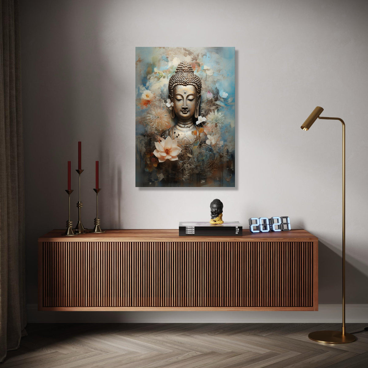 Serene Buddha Statue Canvas, Floral Meditation Art, Spiritual Wall Decor, Calm Zen Canvas, Lotus Flower Design, Gift Art, Home Decor, Print