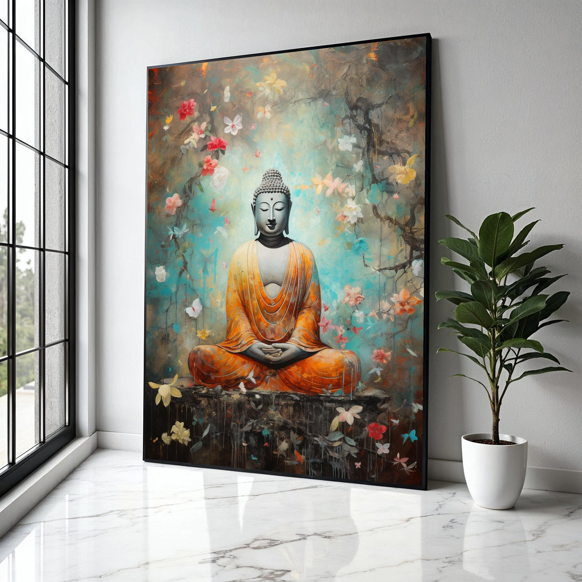 Meditating Buddha Canvas Wall Art, Spiritual Zen Decor, Orange Robe Buddha Painting, Peaceful Meditation Canvas, Gift Art, Home Decor, Print