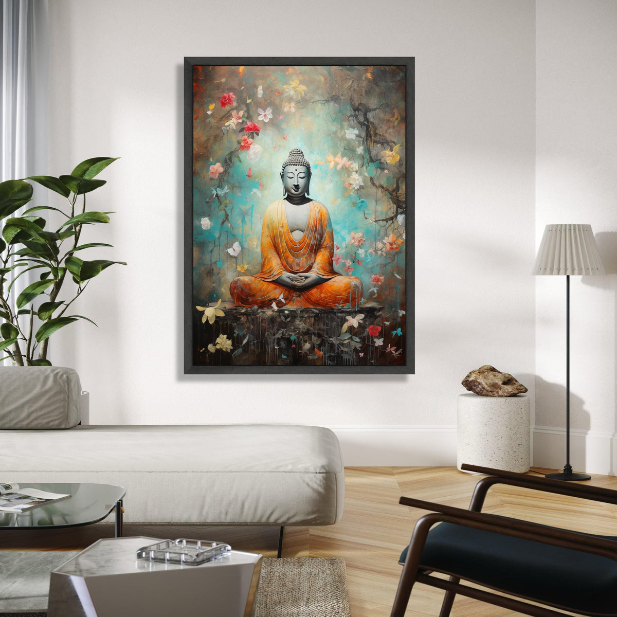 Meditating Buddha Canvas Wall Art, Spiritual Zen Decor, Orange Robe Buddha Painting, Peaceful Meditation Canvas, Gift Art, Home Decor, Print