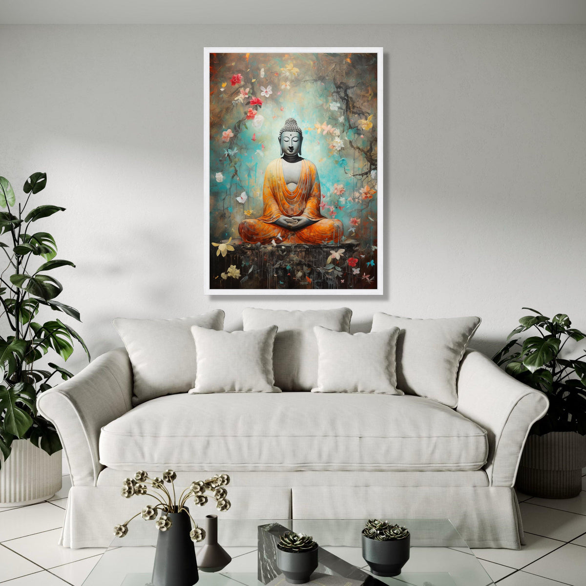 Meditating Buddha Canvas Wall Art, Spiritual Zen Decor, Orange Robe Buddha Painting, Peaceful Meditation Canvas, Gift Art, Home Decor, Print