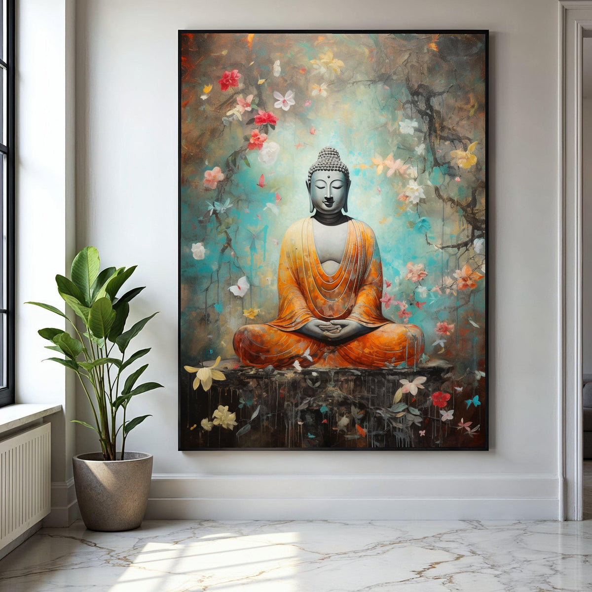 Meditating Buddha Canvas Wall Art, Spiritual Zen Decor, Orange Robe Buddha Painting, Peaceful Meditation Canvas, Gift Art, Home Decor, Print
