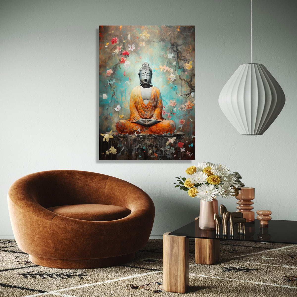 Meditating Buddha Canvas Wall Art, Spiritual Zen Decor, Orange Robe Buddha Painting, Peaceful Meditation Canvas, Gift Art, Home Decor, Print