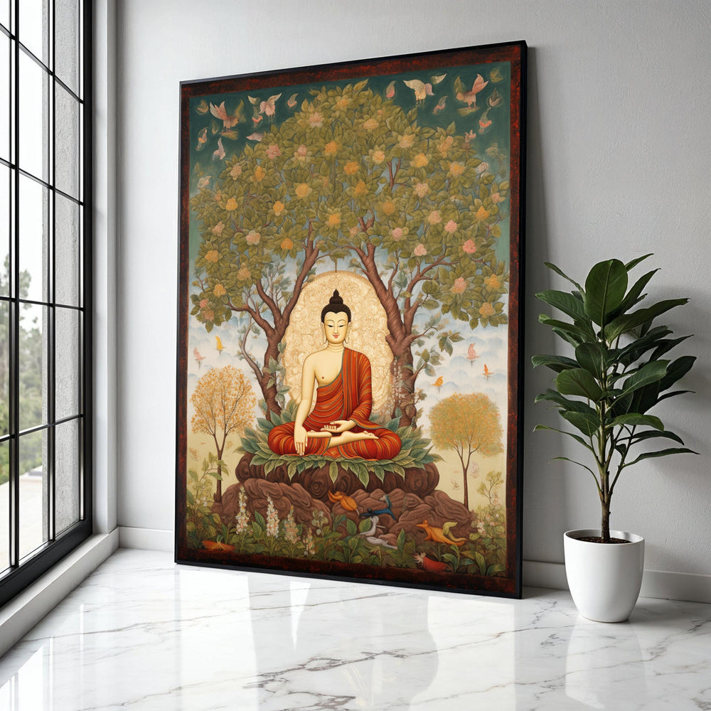 Meditating Buddha Under Bodhi Tree Canvas, Spiritual Wall Art, Buddhist Meditation Decor, Serenity Nature Gift Art, Home Decor, Print