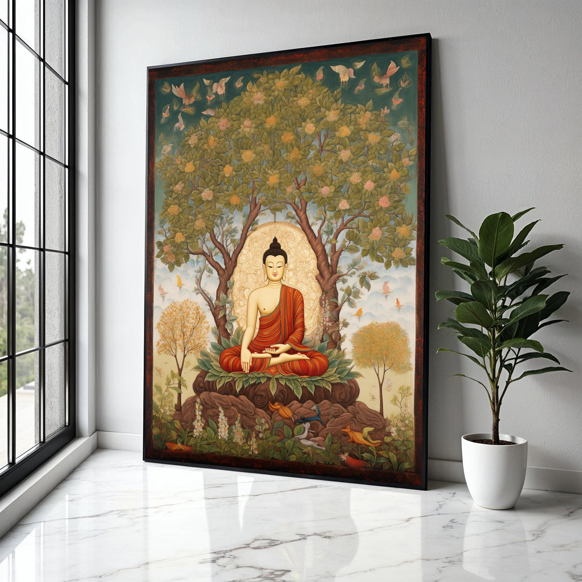 Meditating Buddha Under Bodhi Tree Canvas, Spiritual Wall Art, Buddhist Meditation Decor, Serenity Nature Gift Art, Home Decor, Print
