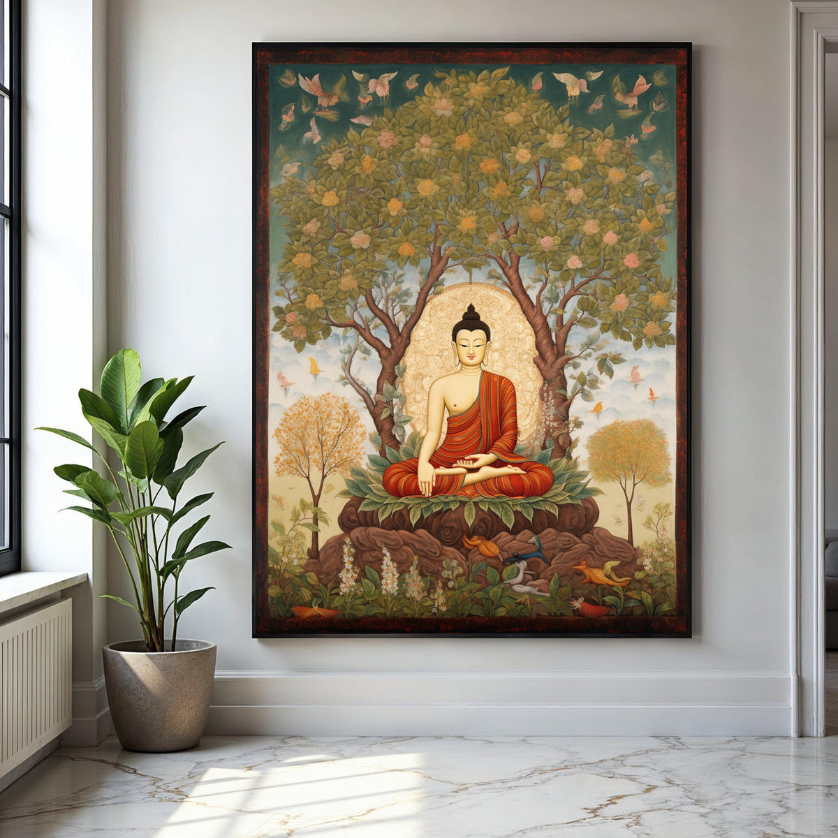 Meditating Buddha Under Bodhi Tree Canvas, Spiritual Wall Art, Buddhist Meditation Decor, Serenity Nature Gift Art, Home Decor, Print