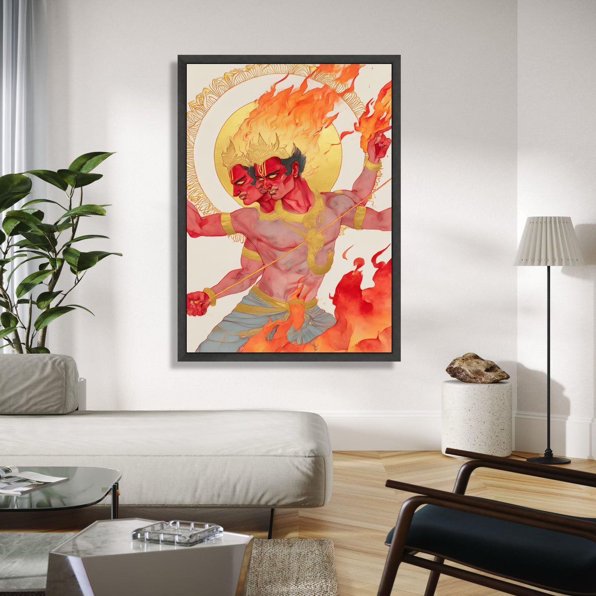 Fiery Two-Headed Warrior, Mythical Canvas Wall Art, Flaming God Illustration, Bold Red and Gold Decor, Fantasy Gift Art, Home Decor, Print