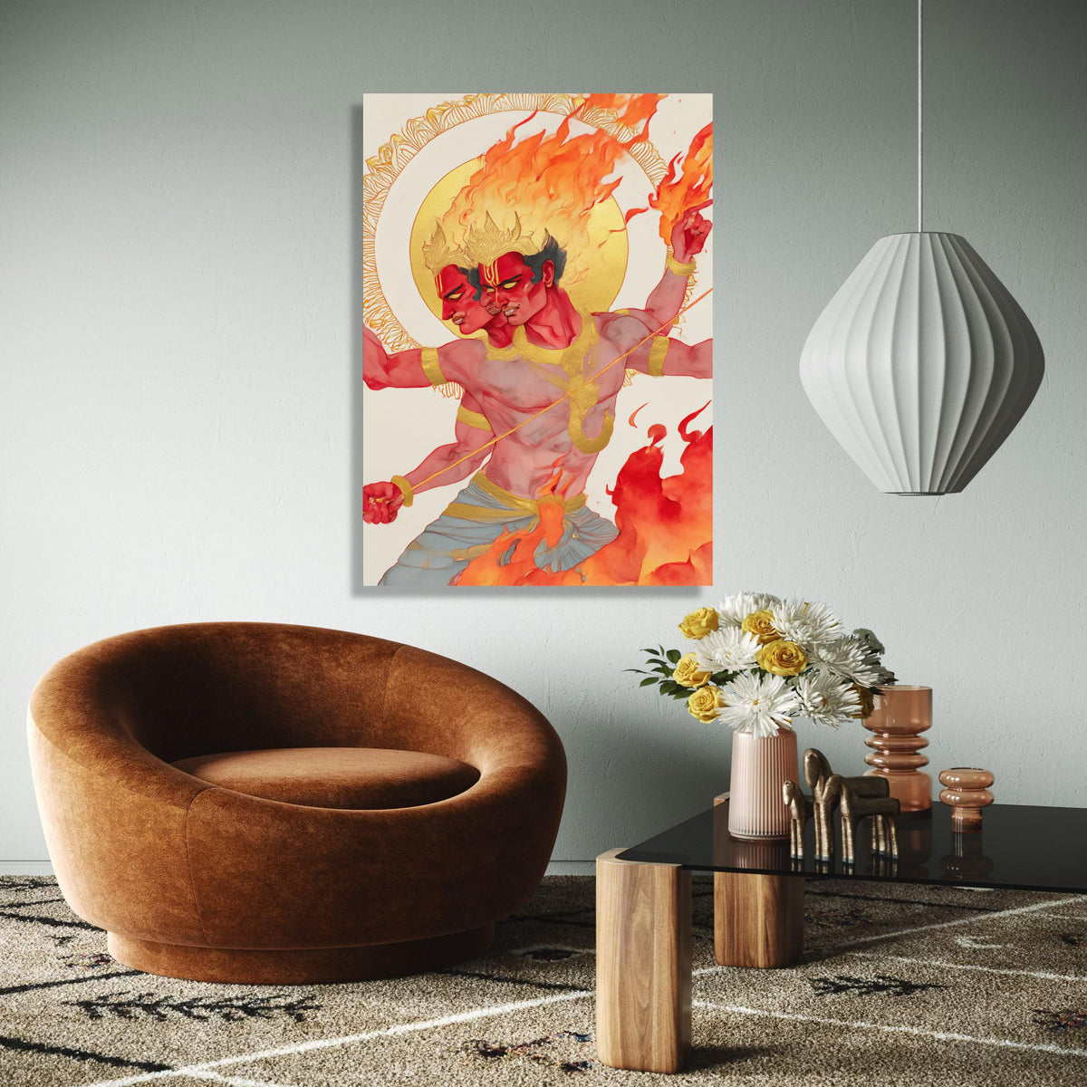 Fiery Two-Headed Warrior, Mythical Canvas Wall Art, Flaming God Illustration, Bold Red and Gold Decor, Fantasy Gift Art, Home Decor, Print