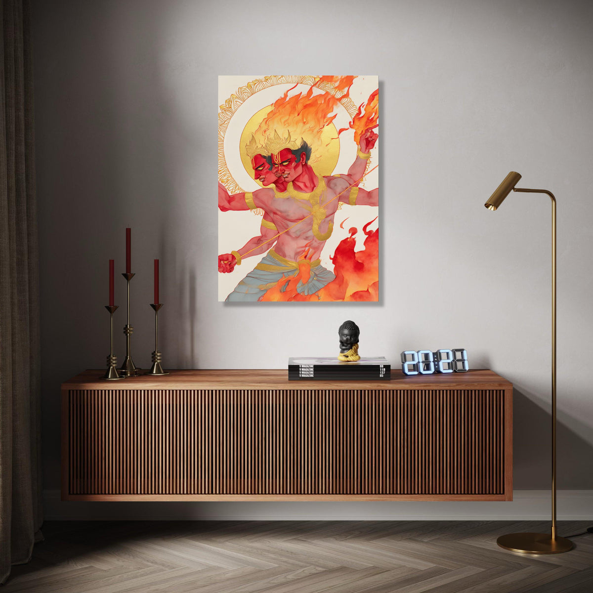 Fiery Two-Headed Warrior, Mythical Canvas Wall Art, Flaming God Illustration, Bold Red and Gold Decor, Fantasy Gift Art, Home Decor, Print