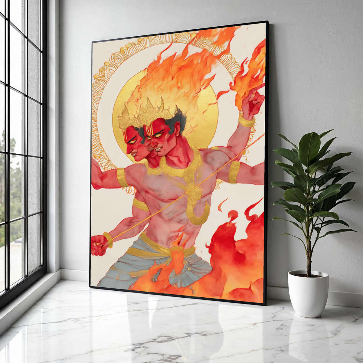 Fiery Two-Headed Warrior, Mythical Canvas Wall Art, Flaming God Illustration, Bold Red and Gold Decor, Fantasy Gift Art, Home Decor, Print