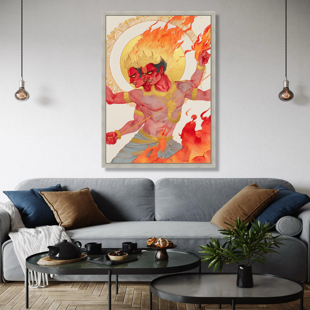 Fiery Two-Headed Warrior, Mythical Canvas Wall Art, Flaming God Illustration, Bold Red and Gold Decor, Fantasy Gift Art, Home Decor, Print