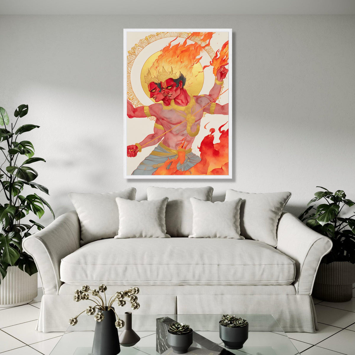 Fiery Two-Headed Warrior, Mythical Canvas Wall Art, Flaming God Illustration, Bold Red and Gold Decor, Fantasy Gift Art, Home Decor, Print