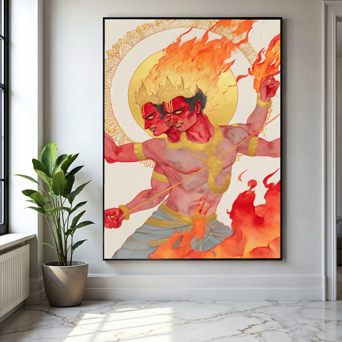 Fiery Two-Headed Warrior, Mythical Canvas Wall Art, Flaming God Illustration, Bold Red and Gold Decor, Fantasy Gift Art, Home Decor, Print
