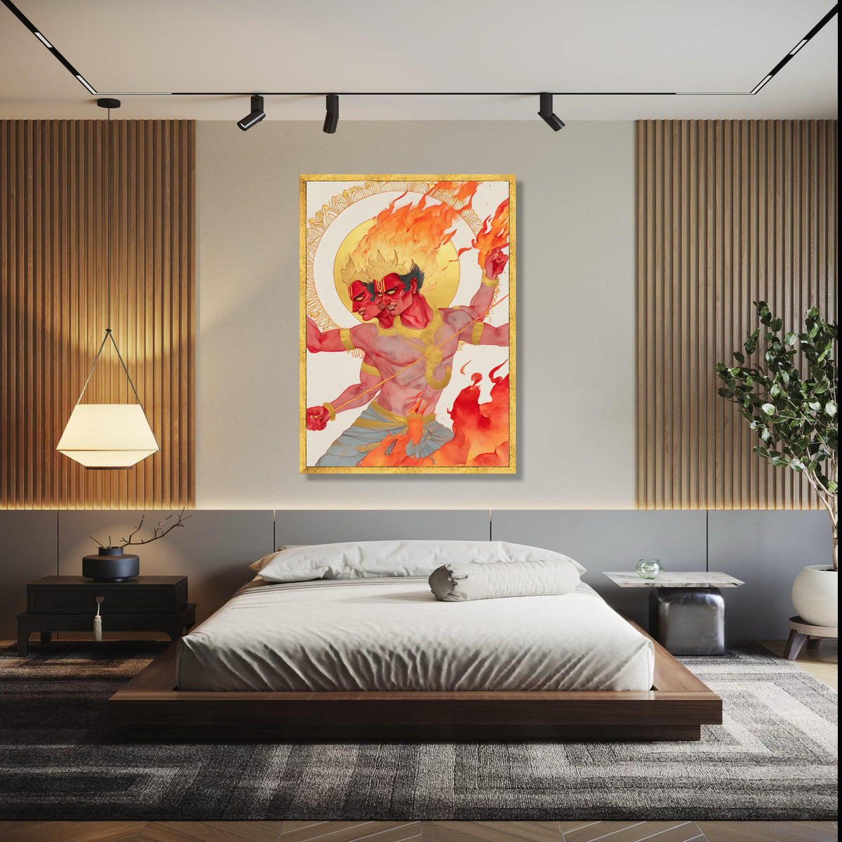 Fiery Two-Headed Warrior, Mythical Canvas Wall Art, Flaming God Illustration, Bold Red and Gold Decor, Fantasy Gift Art, Home Decor, Print
