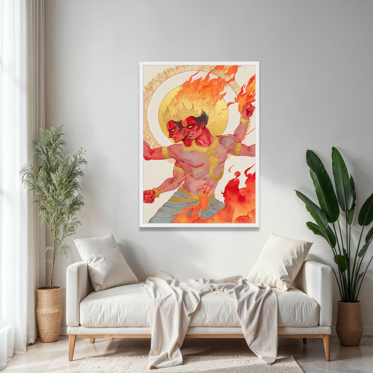 Fiery Two-Headed Warrior, Mythical Canvas Wall Art, Flaming God Illustration, Bold Red and Gold Decor, Fantasy Gift Art, Home Decor, Print
