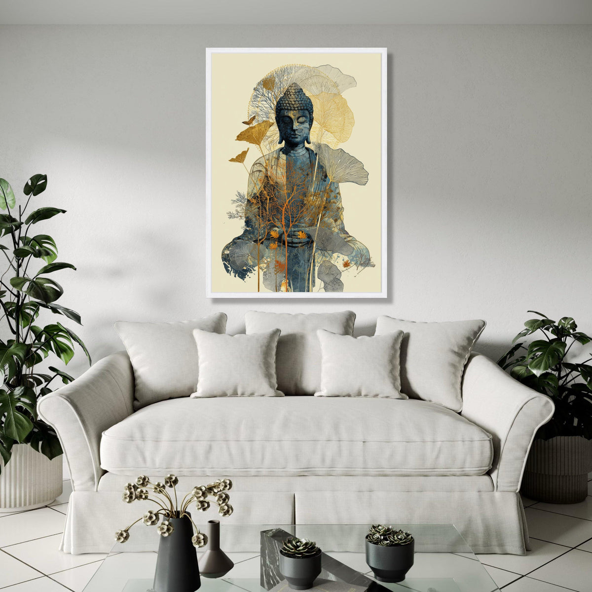 Meditative Buddha Canvas Wall Art, Zen Spiritual Decor, Nature Inspired Floral Overlay, Calm Serenity Home Gift Art, Home Decor, Print