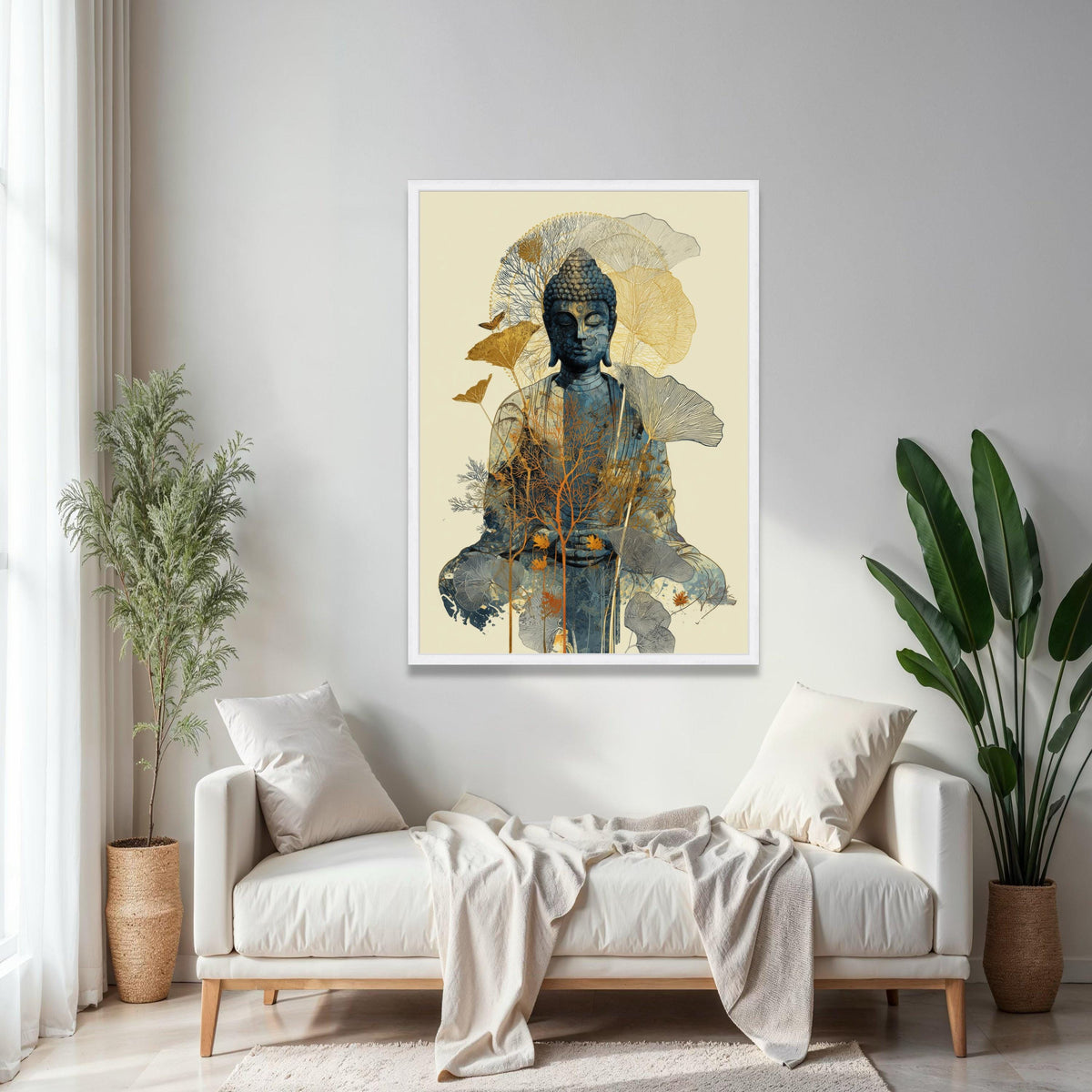 Meditative Buddha Canvas Wall Art, Zen Spiritual Decor, Nature Inspired Floral Overlay, Calm Serenity Home Gift Art, Home Decor, Print