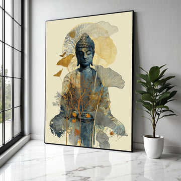 Meditative Buddha Canvas Wall Art, Zen Spiritual Decor, Nature Inspired Floral Overlay, Calm Serenity Home Gift Art, Home Decor, Print